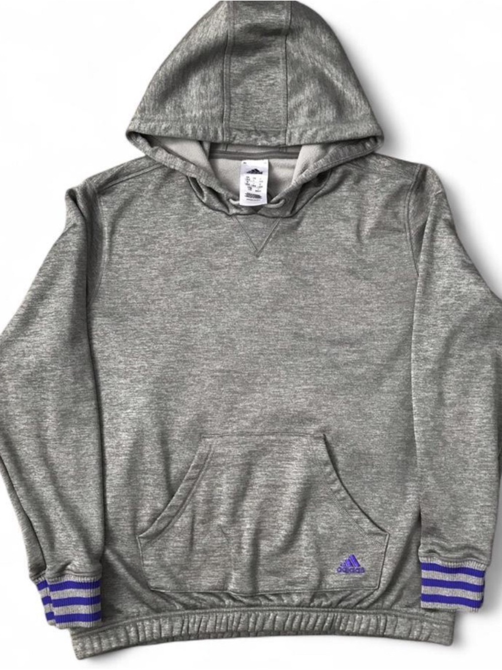 Women’s Adidas Gray Crewneck Hoodie with Purple Stripe Cuffs - Size Large